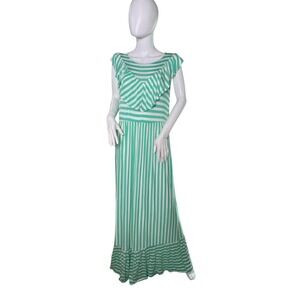 Égs Striped Maxi Dress Ruffle Trim‎ Sleeveless Casual Green White Size XL